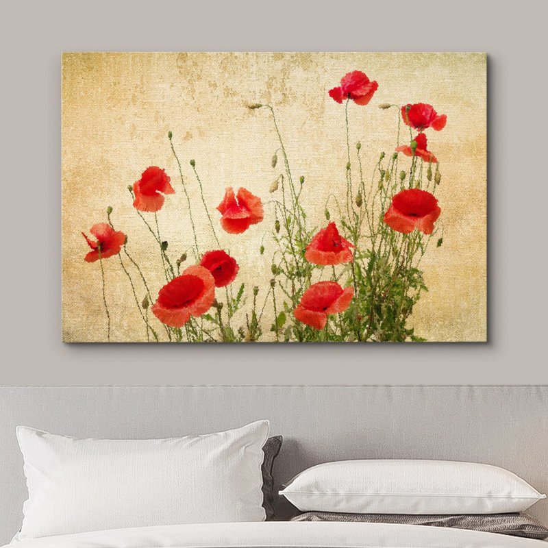 "Fleurs de coquelicots rouges sur fond abstrait vintage" sur toile, H 32 po x l 48 po