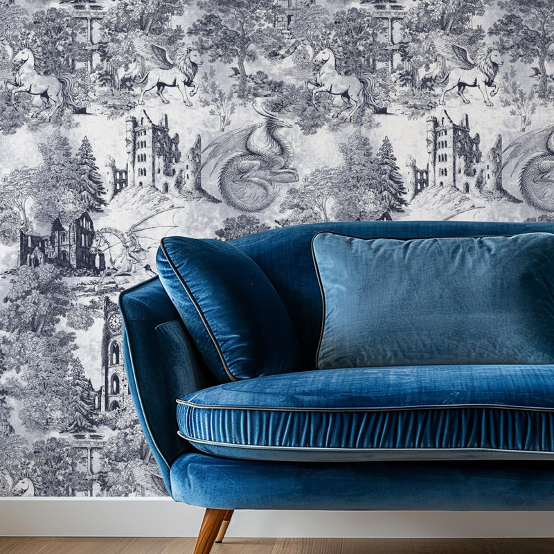 Dragon Fantasy Wallpaper Toile de Jouy, Blue