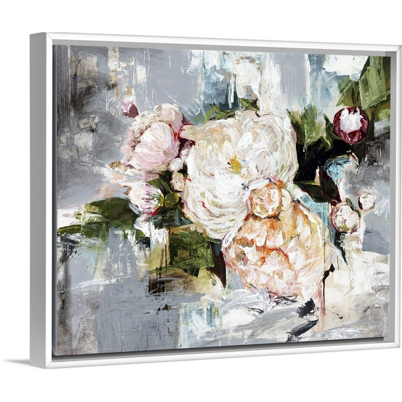 « pivoine fleuri », peinture sur toile, H 21,7 po x l 25,7 po x p 1,75 po, Cadre flottant blanc