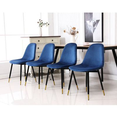 4 chaises de salle à manger bleues - d'inspiration Mid-Century, dossier et siège rembourrés de mousse, revêtement en velours, pieds en métal avec touche dorée, tissu de conception l 17,71 po x P 22,62 po, rembourrage épais, velours, extrémité dorée,