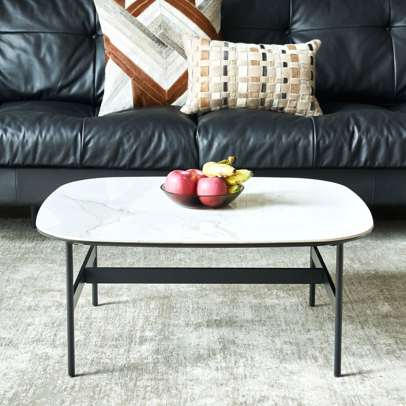 Petite table basse en céramique avec poutre de roche, table basse carrée et facile à assembler