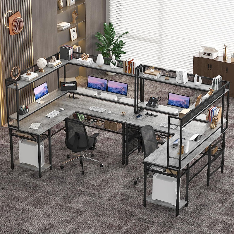 Bureau en L Laveeza avec tablettes réglables et support pour écran, bureau à domicile avec prise de courant et huche