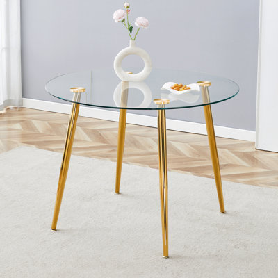 Mercer41 42-Inch Round Dining Table With Clear Glass Top Gold - Main Image