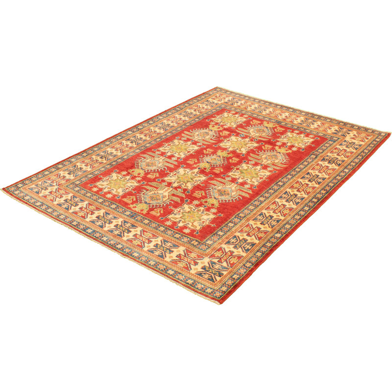 Tapis décoratif en laine rouge/beige à motif de noué à la main New Age Finest de conception unique 6 pi 2 po x 8 pi 8 po New Age