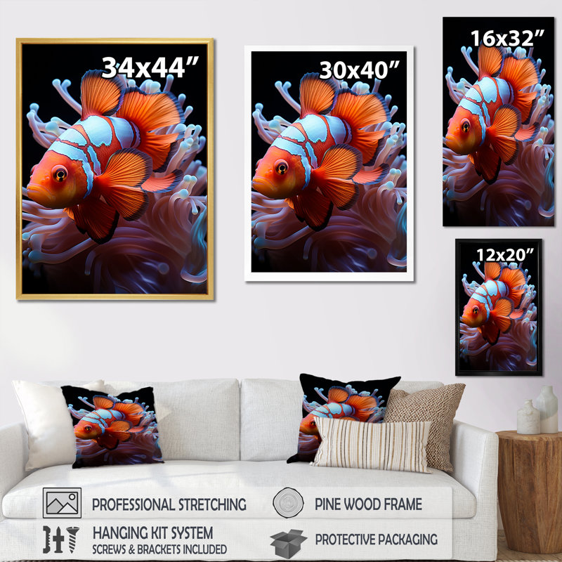 Portrait de poisson clown orange - Décoration murale plage et océan, Encadrement doré, H 20 po x l 12 po x P 1 po
