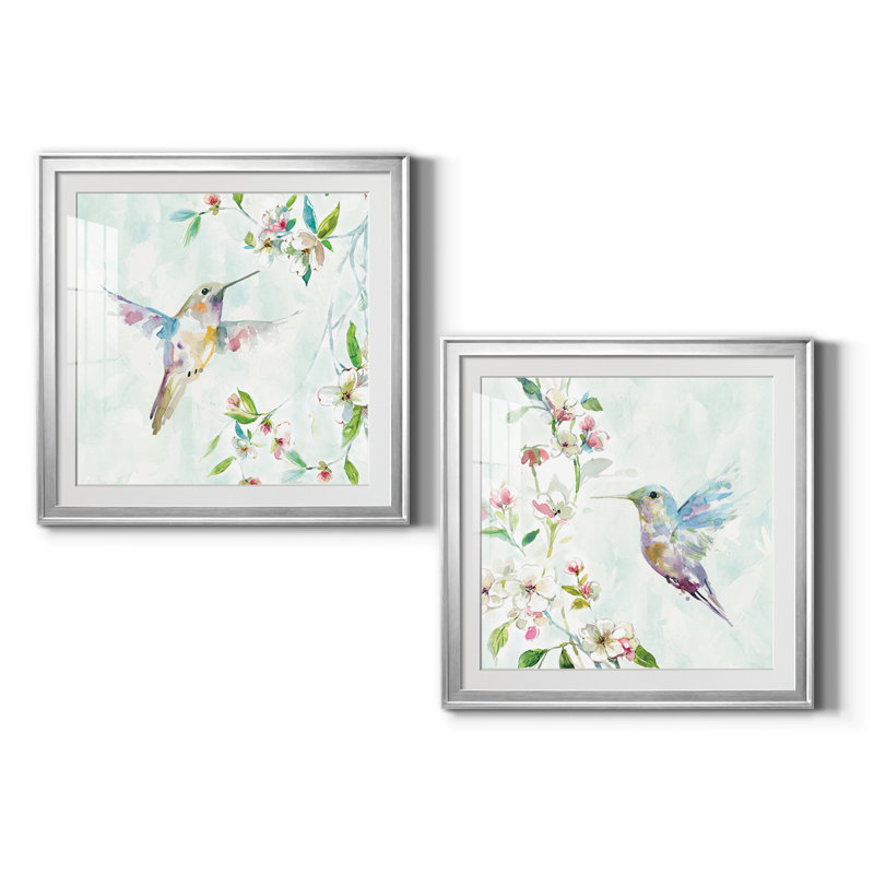 Colibri I - peinture encadrée sur papier, Papier avec cadre argenté, Blanc, H 30,5 po x l 61 po x P 1,5 po