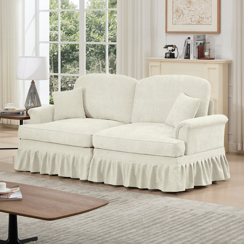 Canapé polyvalent en chenille avec volants détachables et plusieurs configurations pour une vie moderne, Beige + blanc