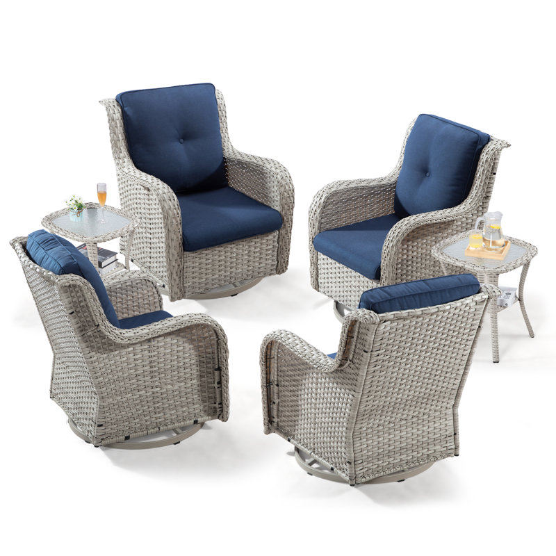 Maude 6-Piece Wicker Swivel Chair Set with Cushions, Blue, White
