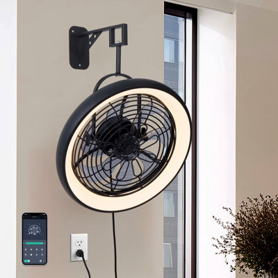 20" Plug-in Black Low Profile Ceiling/Wall Fan with Light, Smart Remote & App Control, Caged Design