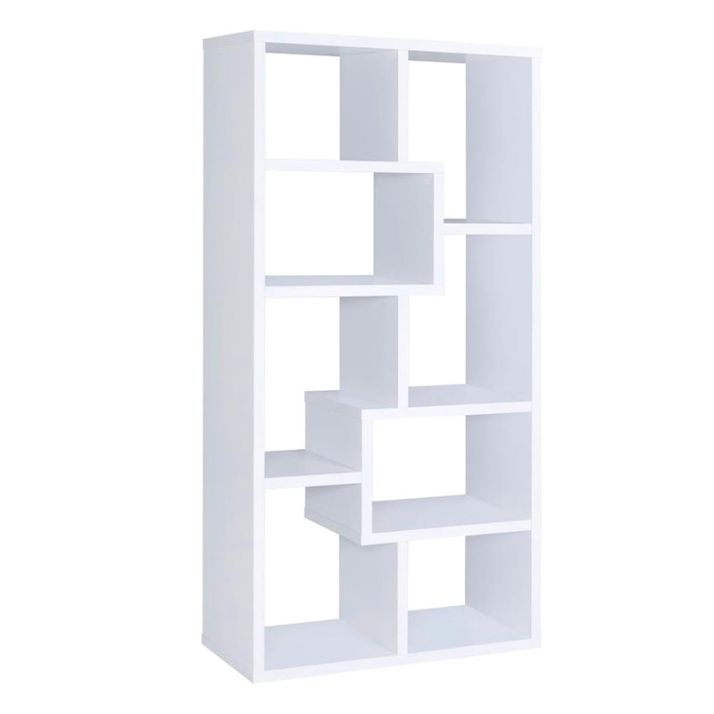 Bibliothèque blanche géométrique avec 8 tablettes ou plus, dos ouvert pour une présentation unique des pièces décoratives, rangement vertical de conception moderne dans les espaces de vie, empreinte compacte, comprend une protection contre le basculement,