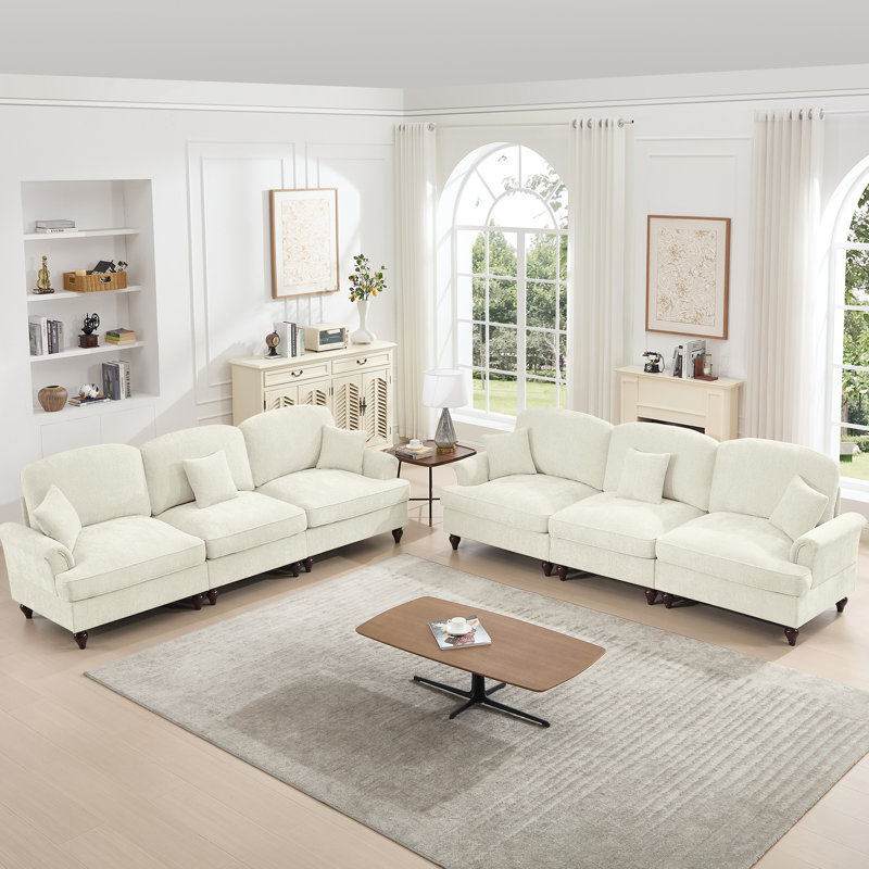 Beige blanc modulaire 2 pièces, siège 3 places +, accoudoirs évasés, jupes de plis à volants amovibles, pieds fuselés, chenille douce, coussin segmenté, coussin amovible, différents agencements pour un espace de vie classique