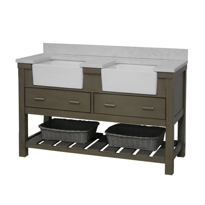 Ensemble de meuble-lavabo double 60 po Hitton, Gris patiné, Marbre de Carrare