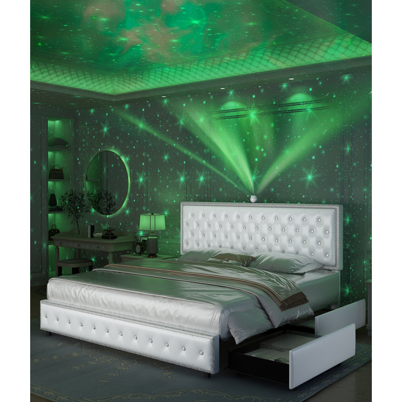Vintage Upholstered Platform Bed Frame With Galaxy Projector, 4 Dust-Proof Storage Drawers, Nailhead Trim Adjustable Headboard, LED Bed Frame, No Box Spring Needed, Easy Assembly, Khyrell