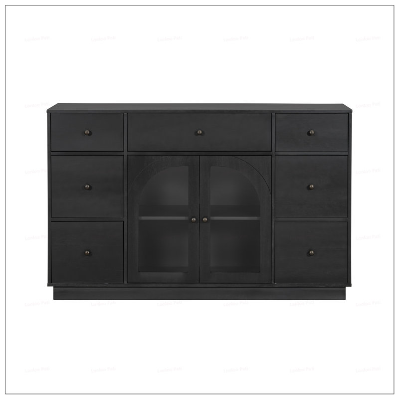 Spacious Storage Cabinet With 2 Doors And 7 Drawers, Perfect For Living And Dining Room Organization, Black