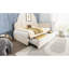 Lit escamotable simple en velours beige, structure à lattes en métal, espace, lit de repos confortable, idéal pour les petits espaces
