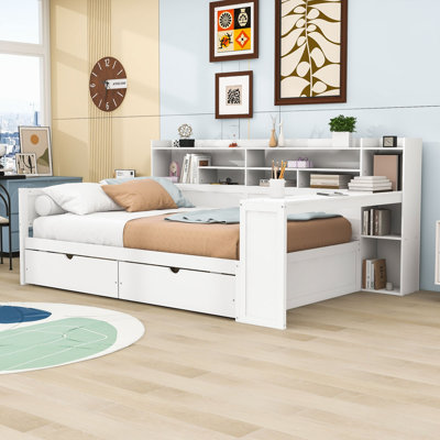 Lit de jour en bois Alameda avec tablettes de rangement, 2 tiroirs, bureau d'étude intégré