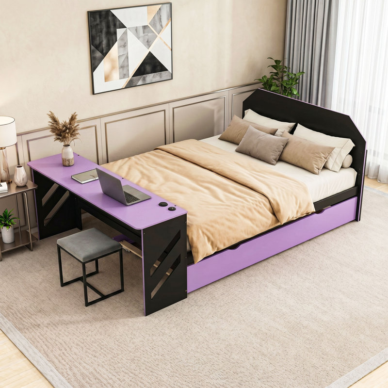 Lit de jour double en bois avec couchette, bureau, port USB et lattes