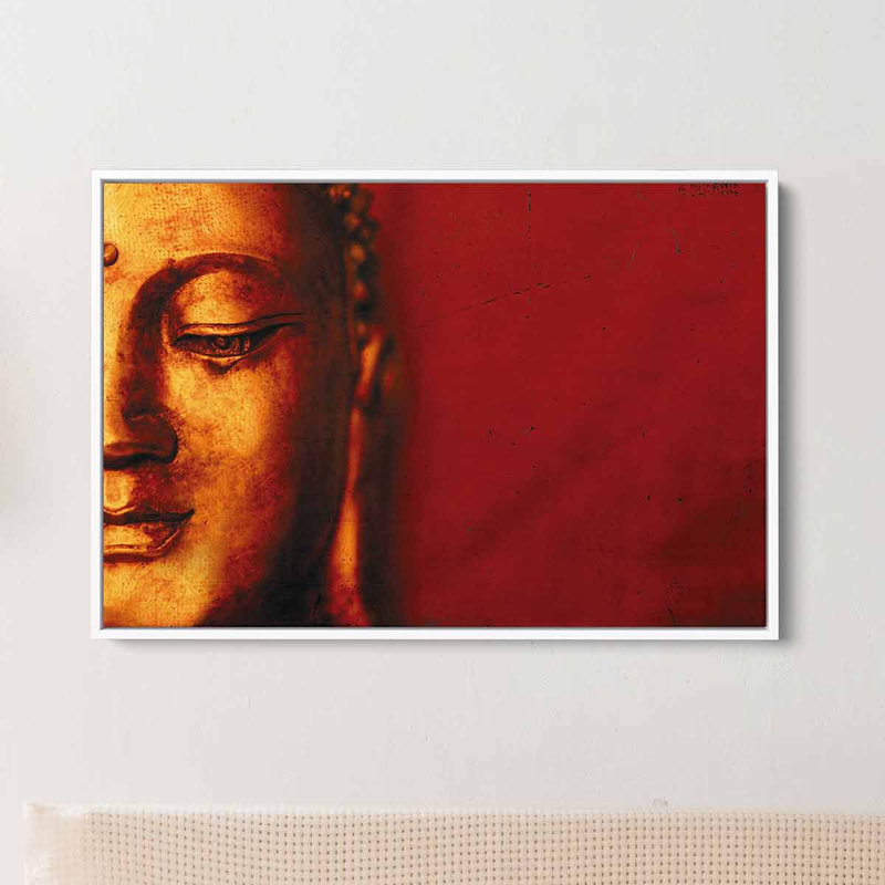 Ariunna Red Buddha Face - photographie sur toile, Cadre blanc, H 30 po x l 40 po