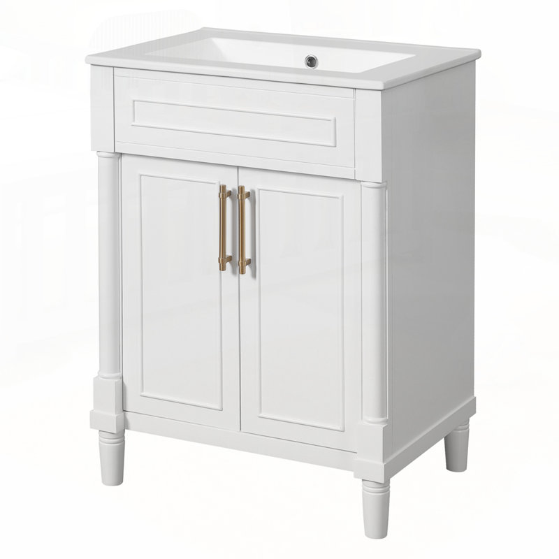 Meuble-lavabo élégant avec lavabo en céramique intégré et grand espace de rangement, Blanc