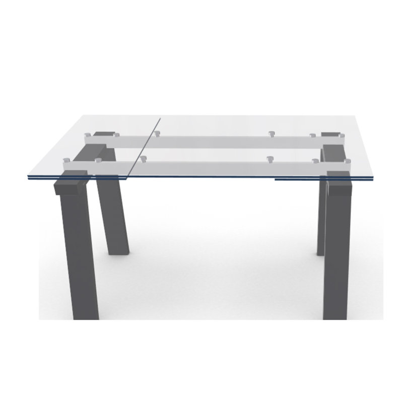 Levante Glass Extendable Table with Wooden Legs, 30"H x 55.13"L x 35.5"W, Clear/Black