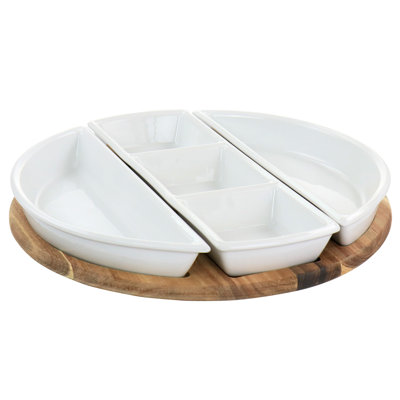 Gibson Elite Gracious Dining Fine Ceramic Sectional Tray with Acacia Wood Base 4 Piece Divided Serving Dish Set