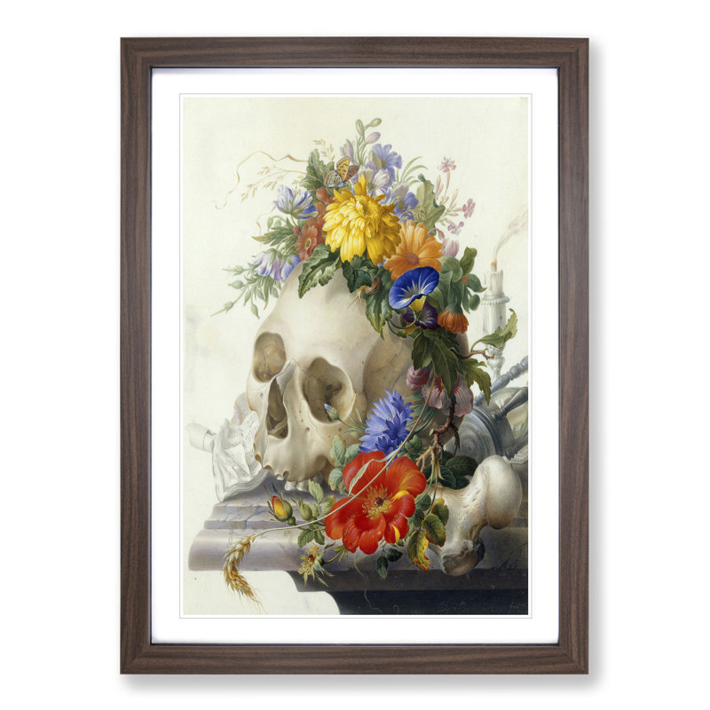 Skull with Flowers Vol.2 by Herman Henstenburgh - Picture Frame Painting, 36cm H x 27cm W x 2cm D, Walnut Framed