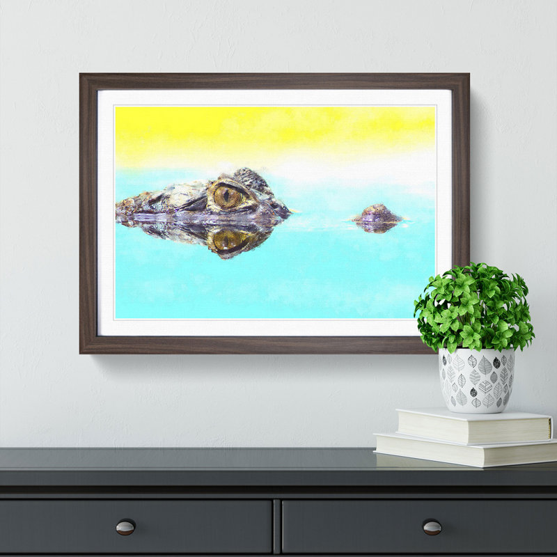 Peering Crocodile - Picture Frame Graphic Art Print, 45cm H x 63cm W x 2cm D, Walnut