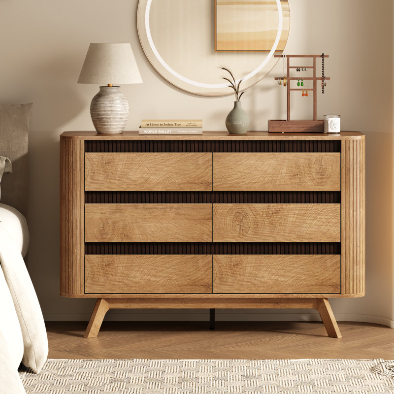 Commode à 6 tiroirs de 120 cm de large, commode double, commode large, Naturel