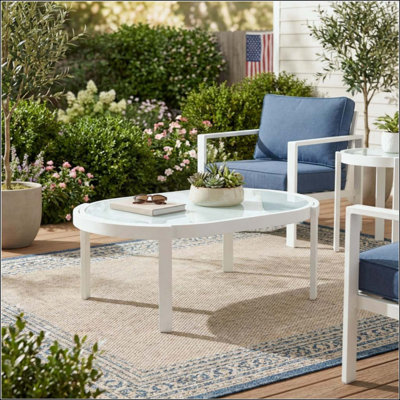 Modern Outdoor Oval Coffee Table With Tempered Glass Top, Aluminum Frame, Weather-Resistant Patio Table For Backyard, Deck & Poolside
