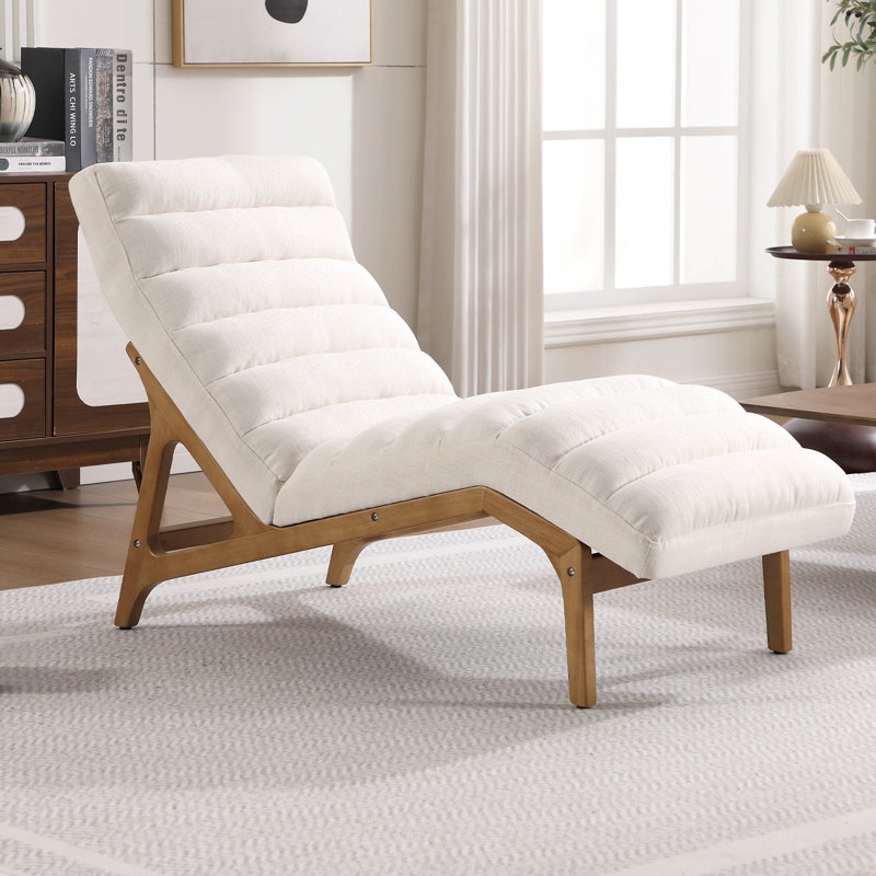 Modern Upholstered Chaise Lounge with Solid Wood Frame for Bedroom or Living Room, Beige, Natural