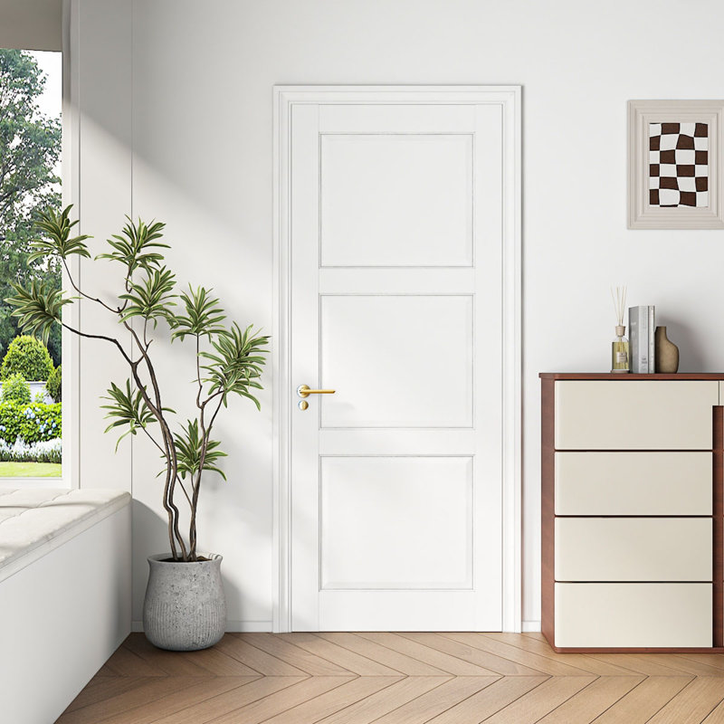 Primed Slab Door 3-Panelled Solid Core Wood Standard Door for Pantry Doors, 30" x 80"