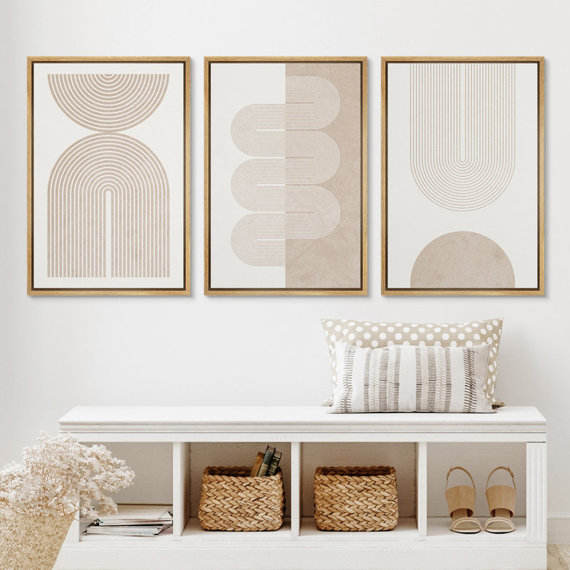 Mid Century Modern Boho "Duotone Beige Abstract Lines Artwork, Simple Neutral Minimalist Wall Pictures, Large Framed Canvas Giclee Print 3 Pieces Wall Art" 16"x24"x3 pcs, 24"x36"x3 pcs
