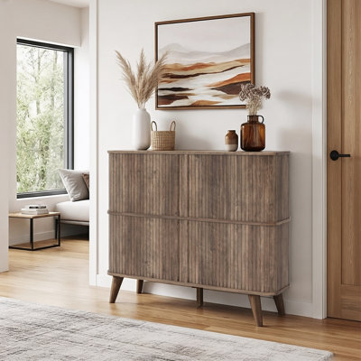 Aurel Mid-Century Modern 16-Pair Shoe Storage Cabinet with Fluted Sliding Doors