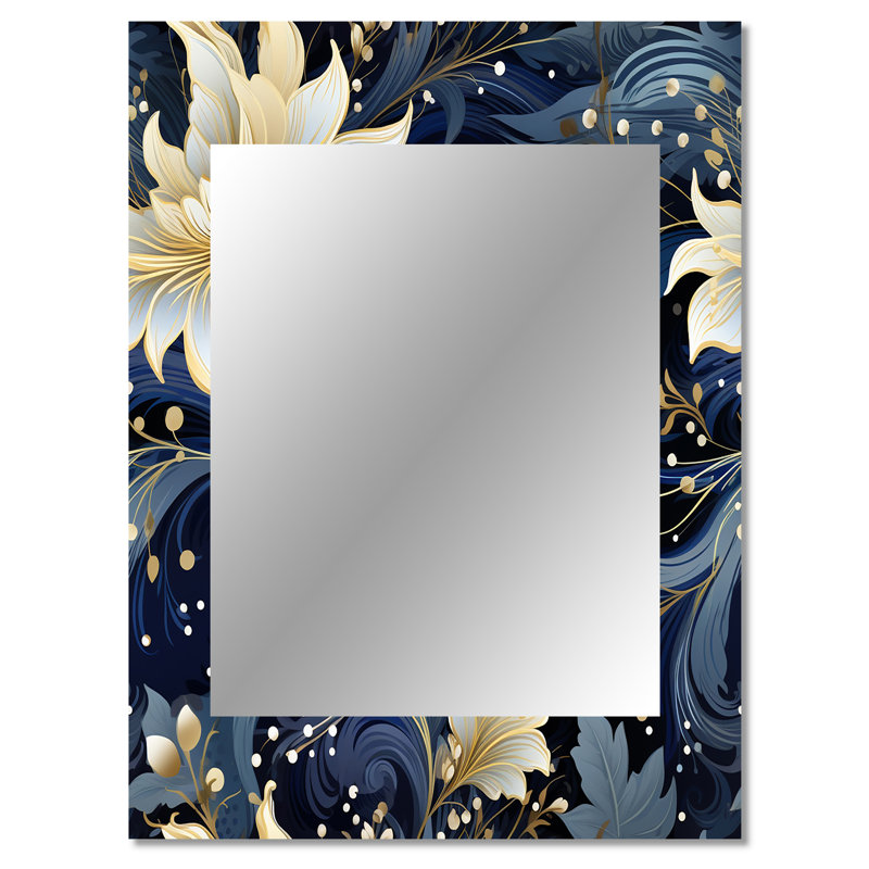 Hoskins Astral Blue White Damask Radiance - damask  Decorative Mirror, Boho Large Wall Mirror, Printed Metal Art, 40" x 30"