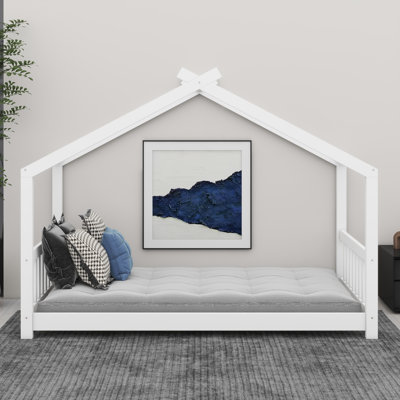 Structure de lit en bois avec clôture en bois, tête de lit et tête de lit