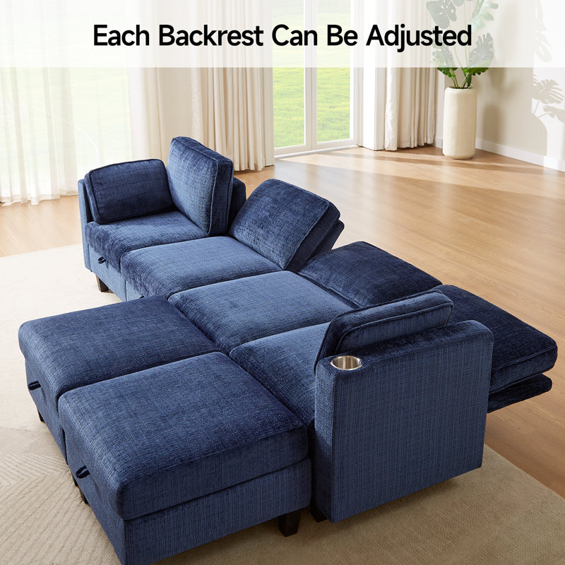 110" Blue Chenille U-Shaped Sectional Sofa with Storage and Cup Holder