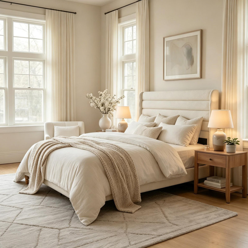 Lit tapissier crème avec tête de lit ondulée et pieds en bois massif rétro, Full/Double