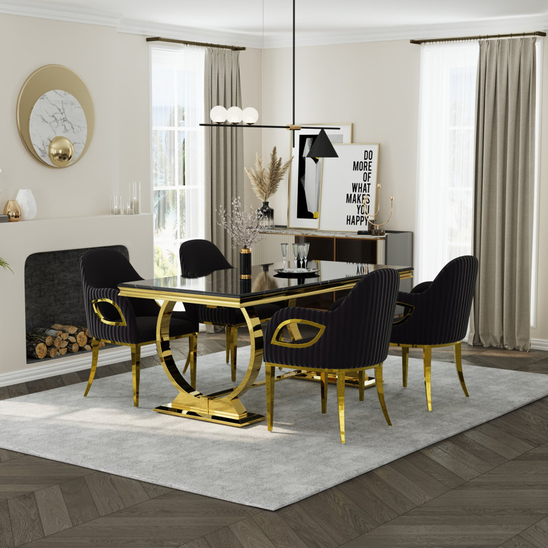 Ensemble de table de salle à manger de luxe avec accoudoirs en velours, Noir, 5