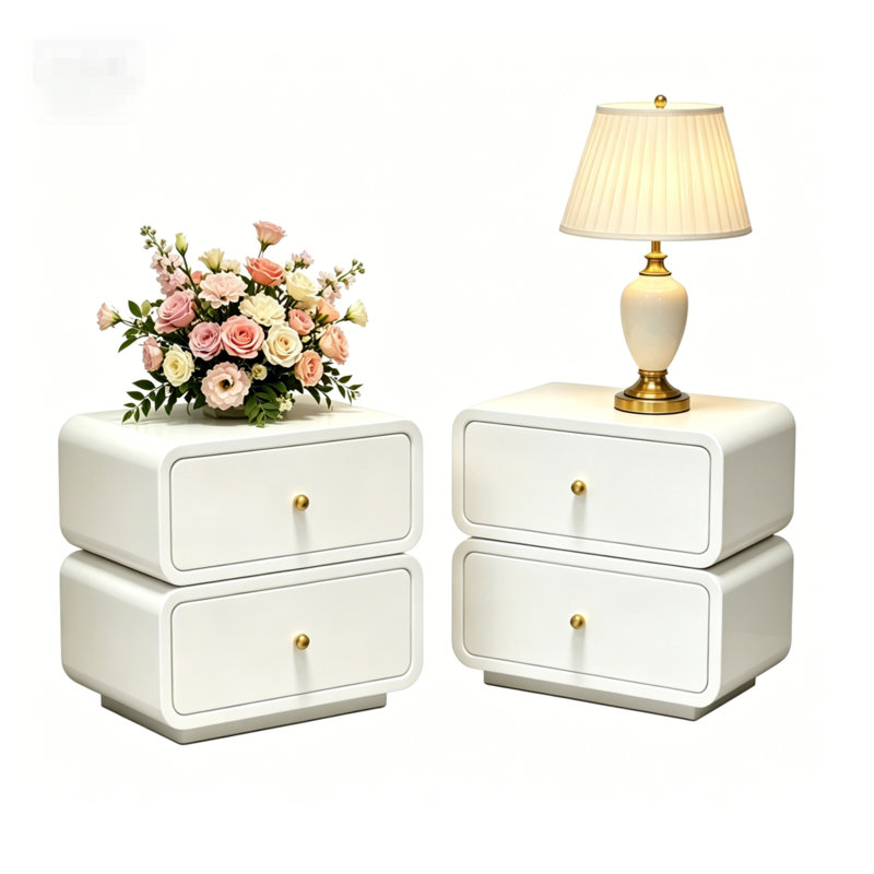 Table de chevet rotative moderne de 19,7 po de largeur avec surface en cuir lisse, deux tiroirs à côté de la table., Blanc