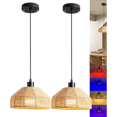 Rattan Battery-Operated Pendant Lights, Set Of 2 Rechargeable RGB Colour-Changing Boho Hanging Chandeliers