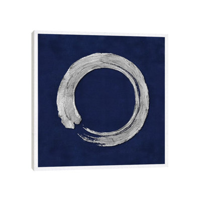 Silver Zen Circle On Blue I by Ellie Roberts - Floater Frame Print on Canvas