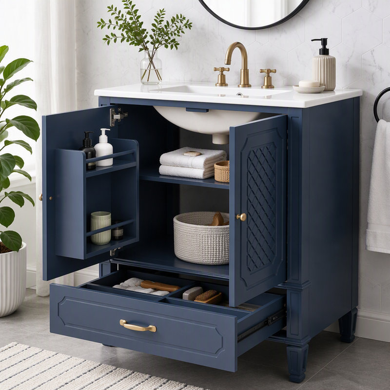 Meuble-lavabo de salle de bain avec lavabo style rétro, Bleu - ensemble de 2