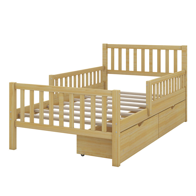 Lit plateforme en bois avec deux rails latéraux et deux tiroirs intégrés, Twin