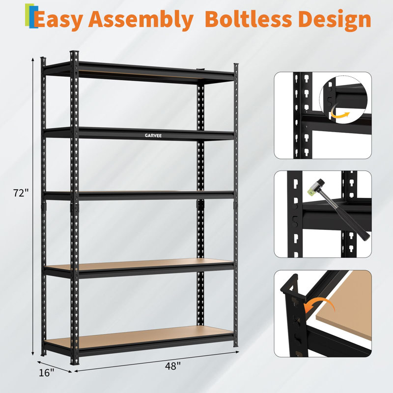 Étagère de rangement robuste à 5 niveaux avec tablettes en bois et structure en métal capacité de 2204 lb de 48 par 16 par 72 pouces pour le sous-sol du garage