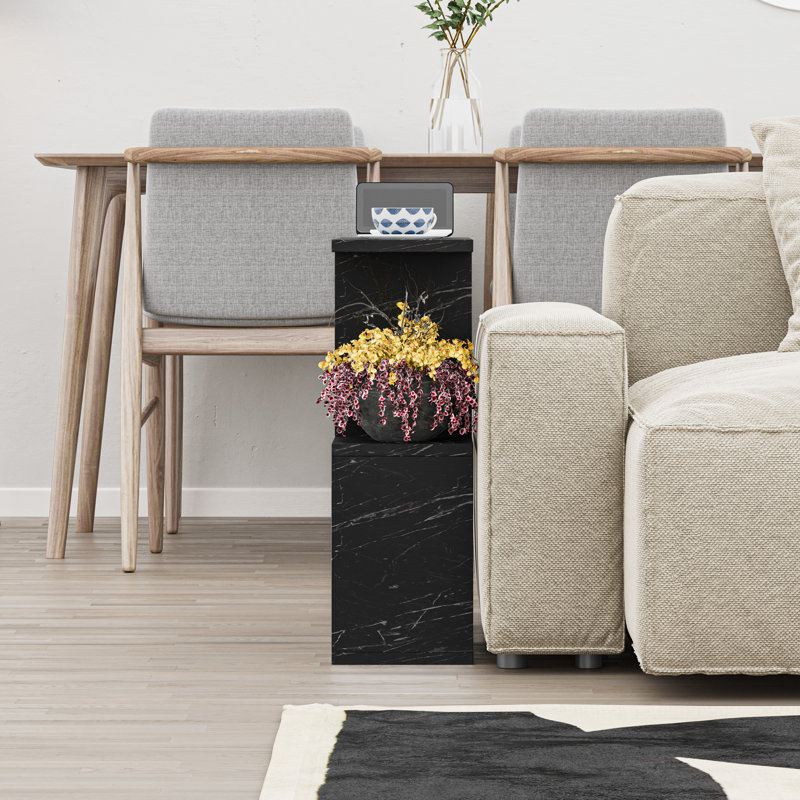 Barbara Side Table Modern 2-Tier Design with Storage Compartments, Black Marble