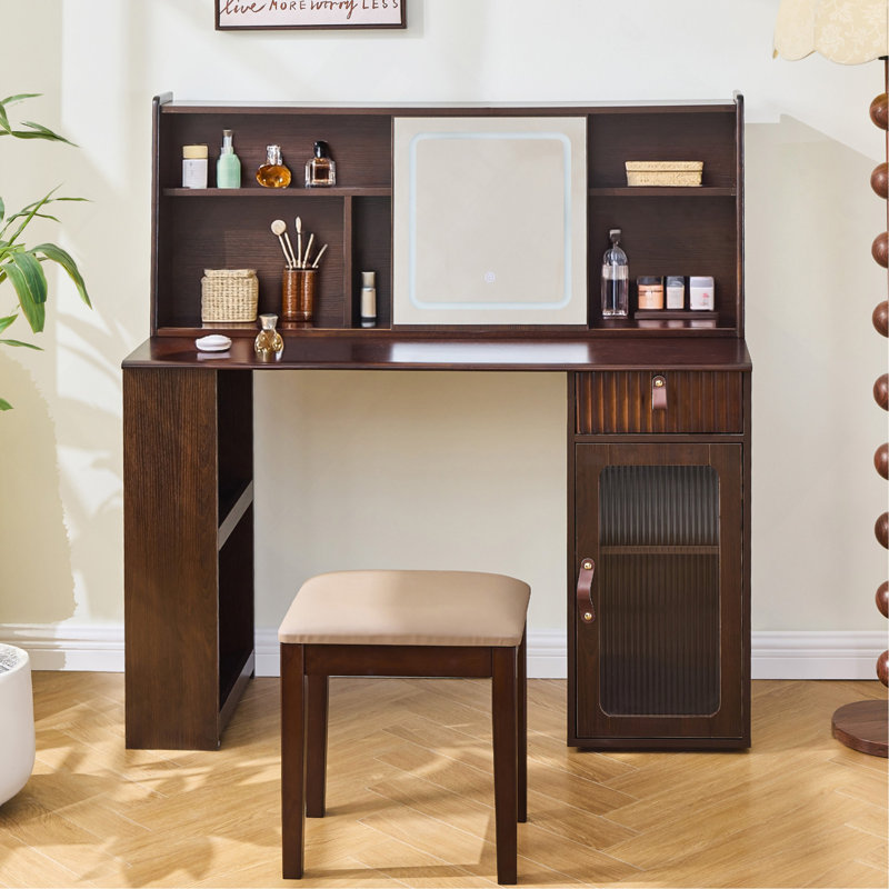 Ensemble de coiffeuse élégant avec miroir lumineux réglable 3 modes, coiffeuse moderne avec grandes tablettes, tiroir et canette