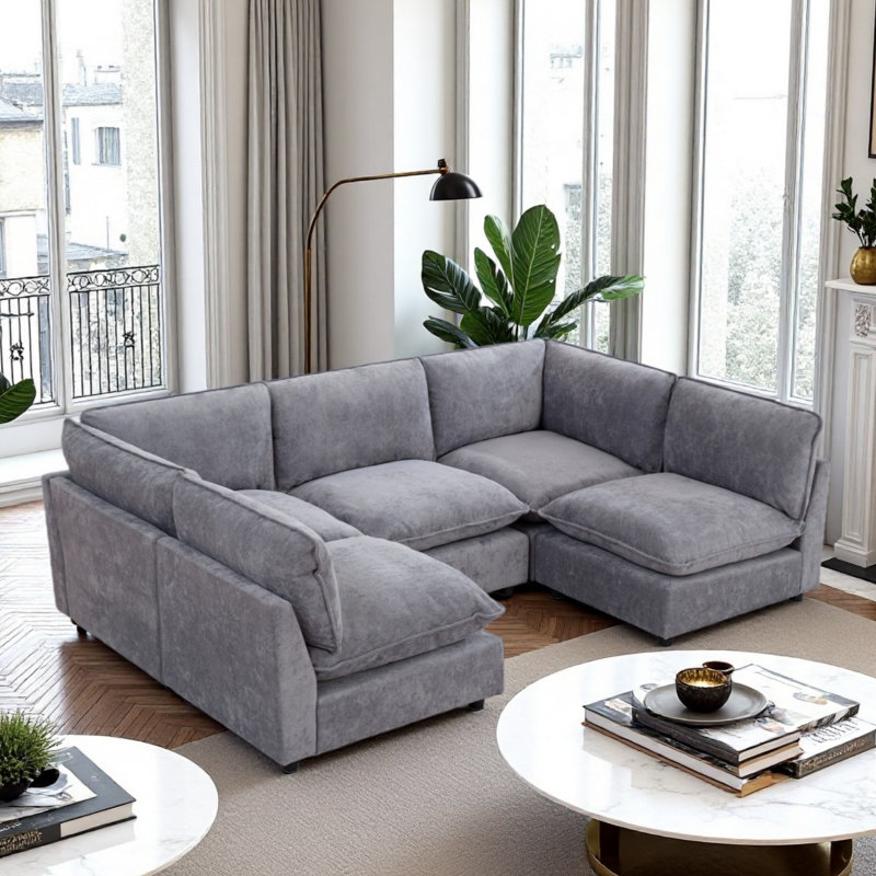 106.38” W Oversized 5 Seater Composable Modular Sofa, Blue Gray