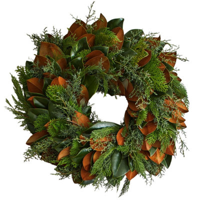 American Plant Exchange Live Fresh Cut Wreath - Fresh Bunches – 18-Inch Handmade Magnolia, Carolina Sapphire, and Cedar Holiday Door Décor