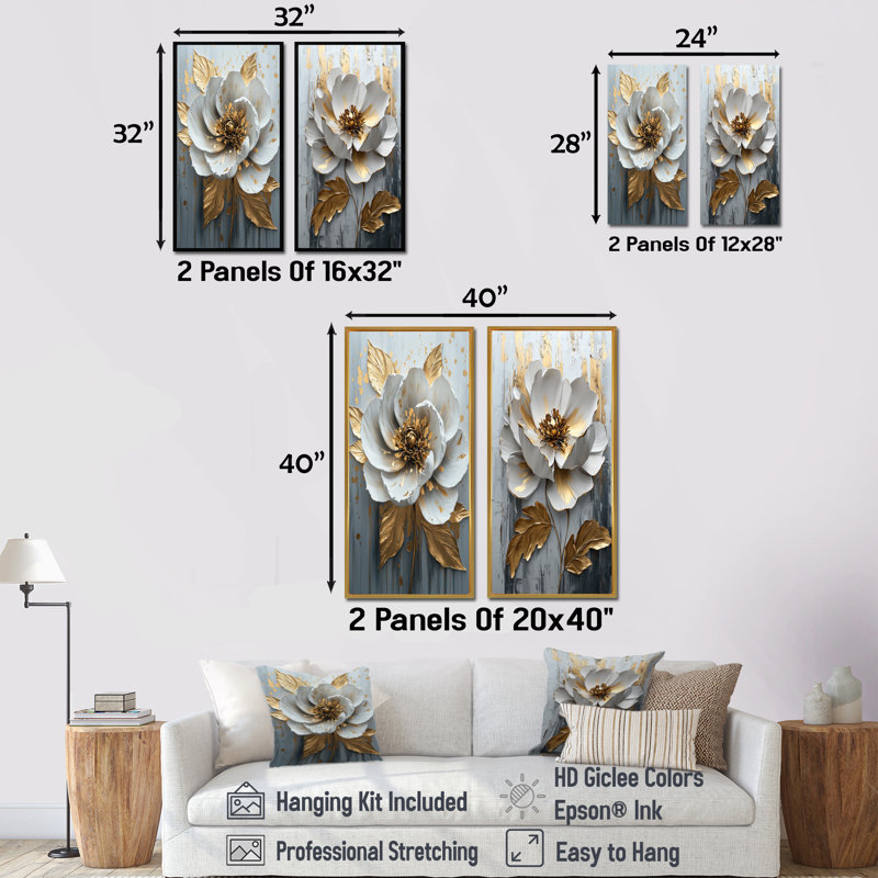 Ensemble de 2 pièces d'art mural pivoine blanche et dorée, H 28 po x l 24 po, Cadre flottant brun