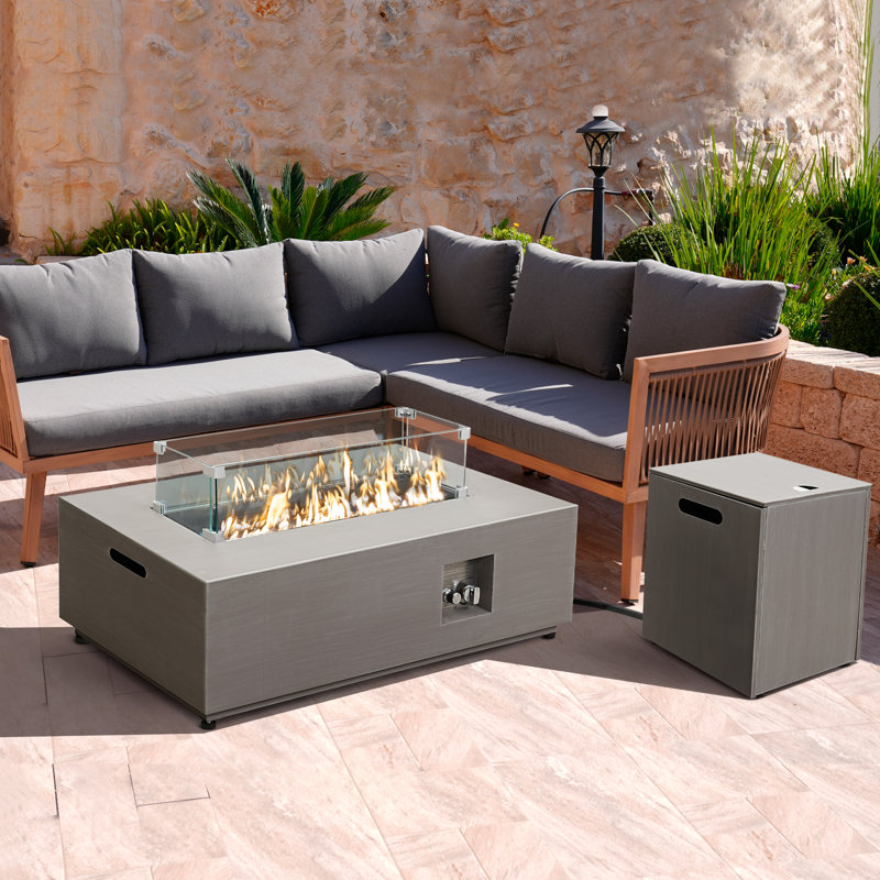 werph 12" H X 42" W Propane Outdoor Patio Fire Pit Table Set, 50,000 BTU, Wind Guard, Glass Stones, Smokeless, Extra Cover
